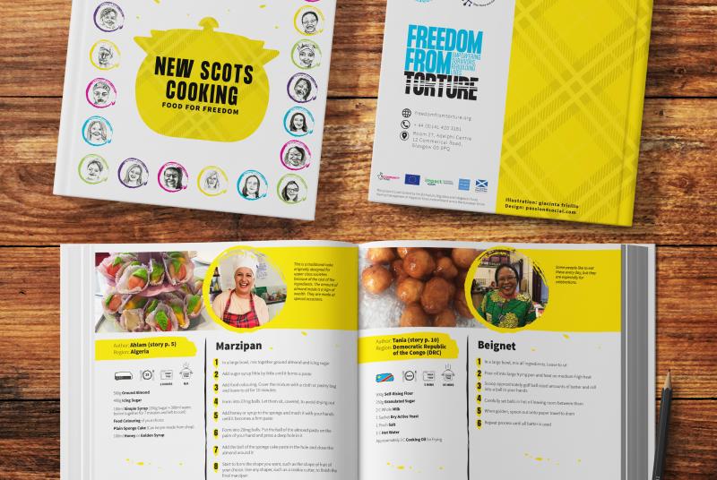 The New Scots Cooking recipe book - displaying the front and back cover and one of the spreads inside.
