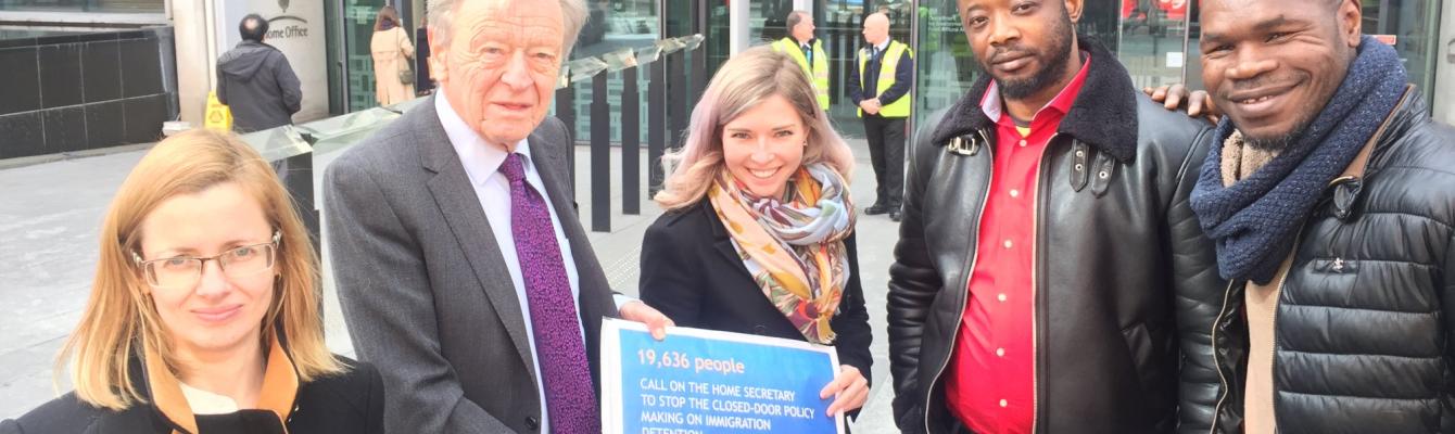 Sonya Sceats, Freedom from Torture Chief Executive, Lord Alf Dubs and members of the Survivors Speak OUT network.