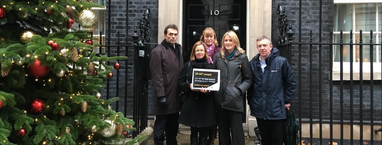 Freedom from Torture outside No. 10 Downing Street, handing in a petition calling on Prime Minister Theresa May to reaffirm the UK’s commitment to the ban on torture