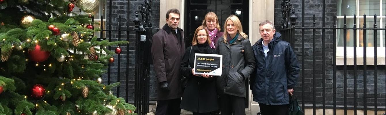 Freedom from Torture outside No. 10 Downing Street, handing in a petition calling on Prime Minister Theresa May to reaffirm the UK’s commitment to the ban on torture