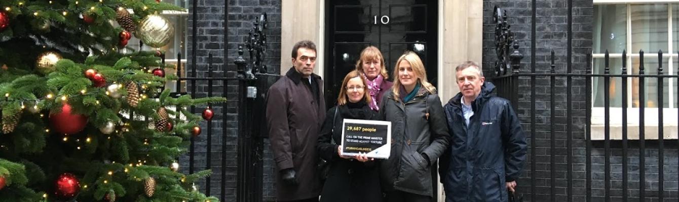 Freedom from Torture outside No. 10 Downing Street, handing in a petition calling on Prime Minister Theresa May to reaffirm the UK’s commitment to the ban on torture