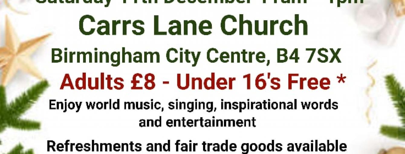 'Festive Charity Concert' in large letters at the top of the poster. The poster itself is festive, with stars and crackers along the border.