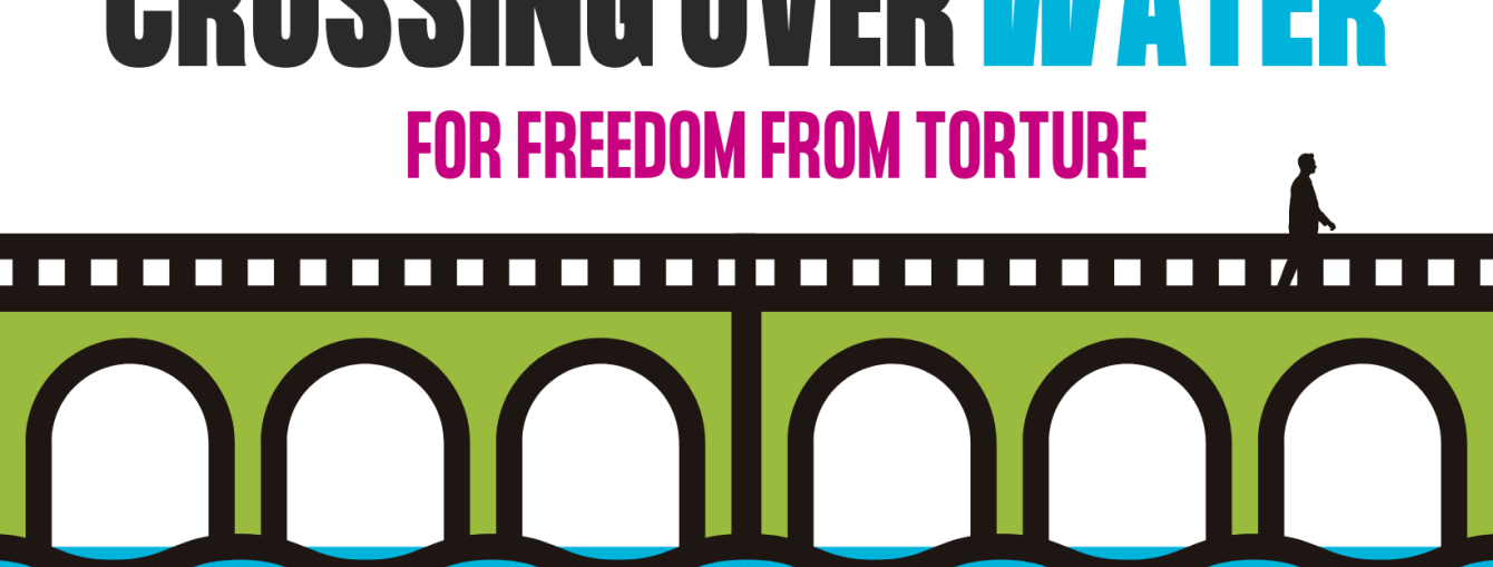 'crossing over' in black text, followed by 'water' in blue at the top. Underneath is 'for freedom from torture' in hot pink. below this is a green cartoon bridge, with a person walking across it and water below.