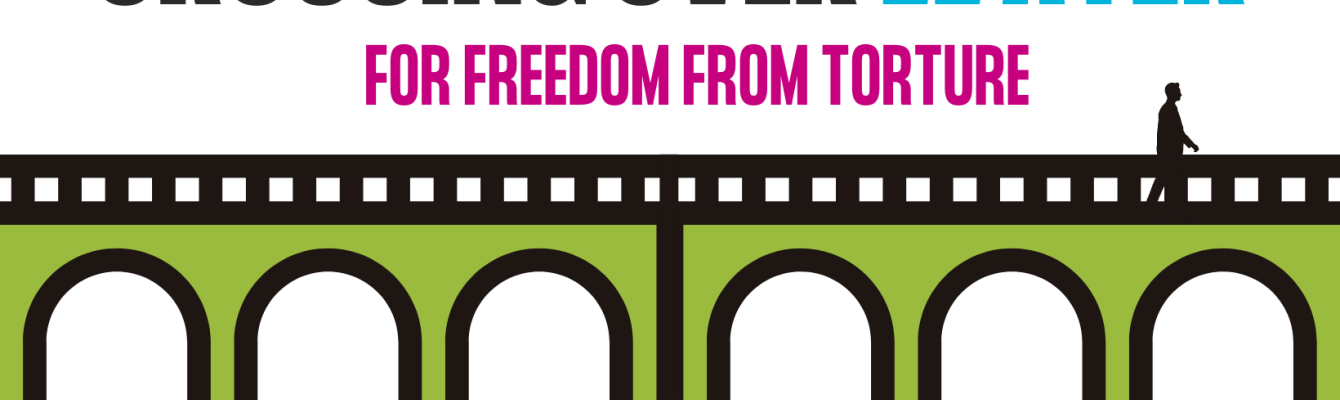 'crossing over' in black text, followed by 'water' in blue at the top. Underneath is 'for freedom from torture' in hot pink. below this is a green cartoon bridge, with a person walking across it and water below.