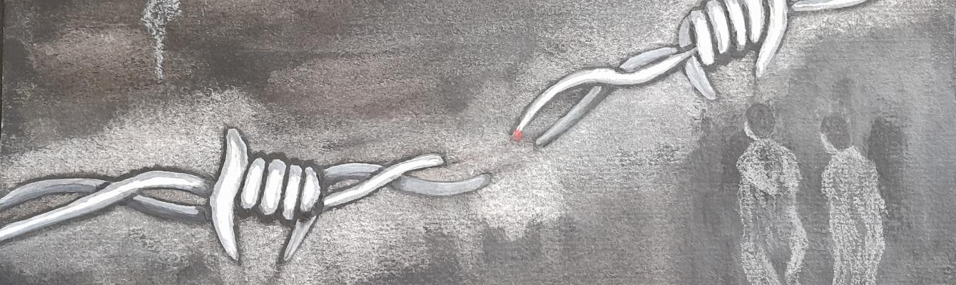 Painting of people standing either side of a barbed wire