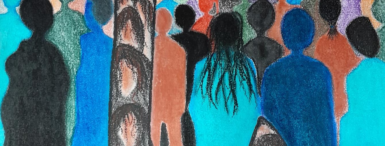 Painting of multiple silhouettes looking away from camera