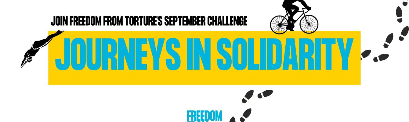 journeys in solidarity in blue with yellow background. Black cut outs of a cyclist, footsteps and a diver