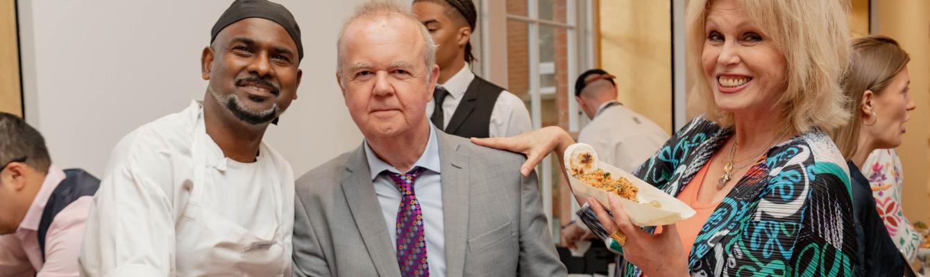 Joanna Lumley and Ian Hislop with Yogi, a torture survivor