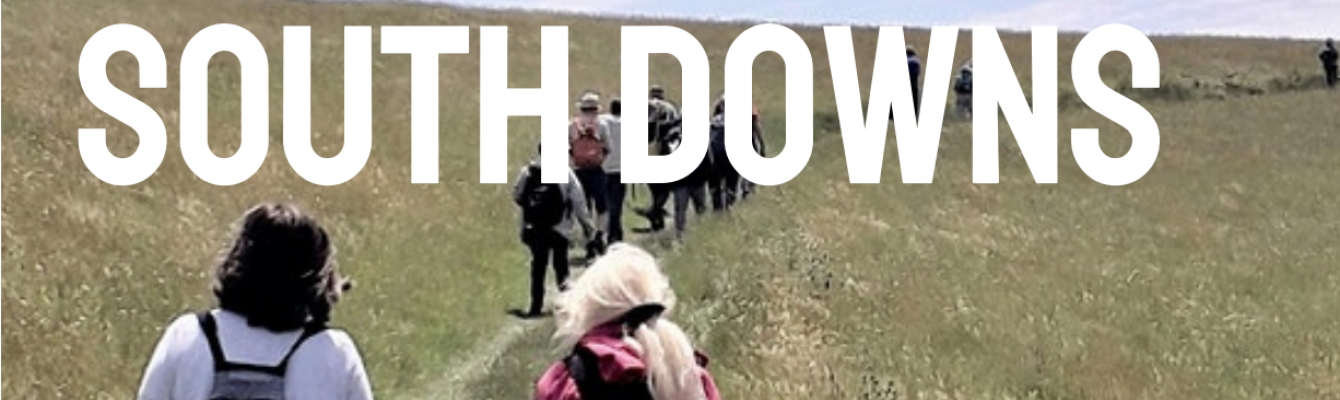 image of people walking the south downs with the words 'South downs' in white overlaying