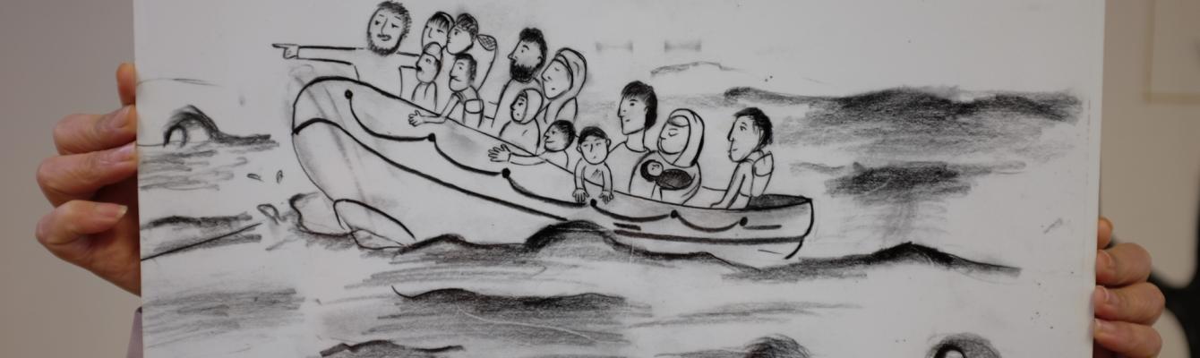 A drawing of a family on a boat