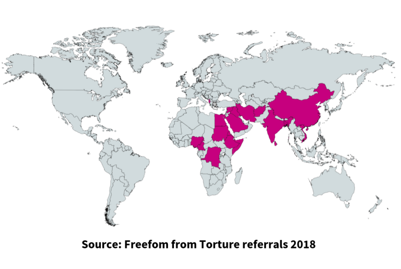 World map of Countries of origin for Freedom from Torture 2018 referrals