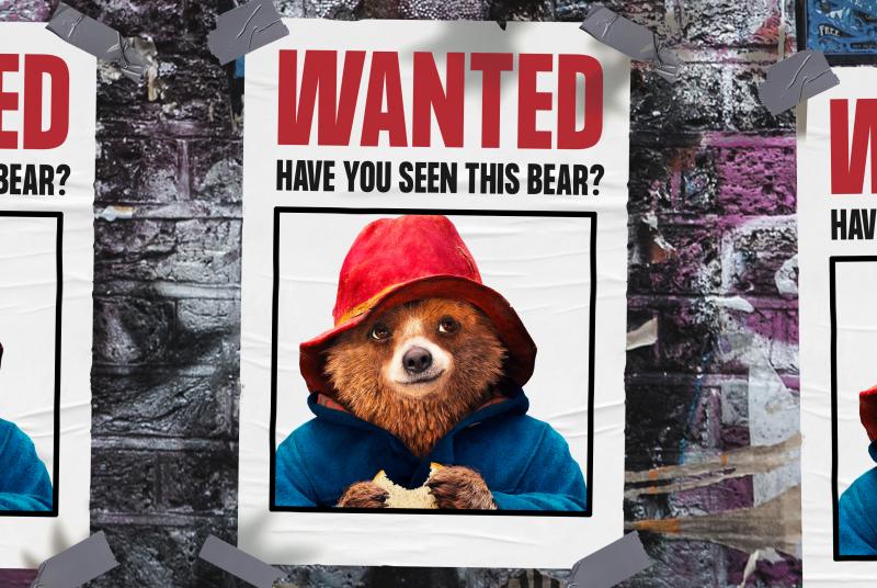 A wanted poster of Paddington Bear plastered across a wall