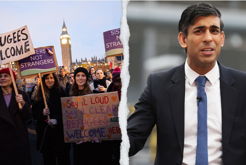 Image of protests next to image of Rishi Sunak