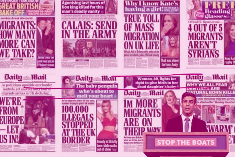 A photoshopped image of Rishi Sunak superimposed on antagonistic Daily Mail headlines