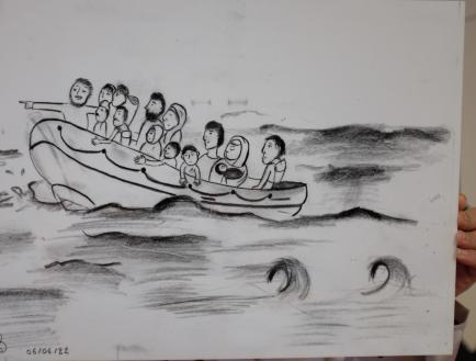 A drawing of a family on a boat