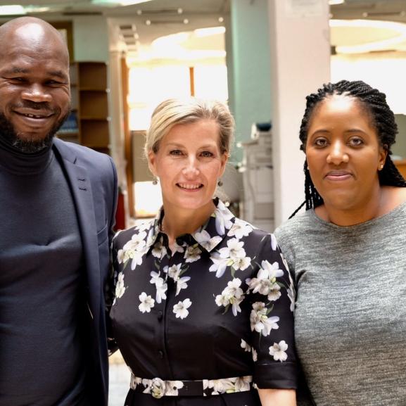 PSVI Survivor Champions Kolbassia Haoussou and Nadine Tunasi posing with Sophie, Countess of Wessex