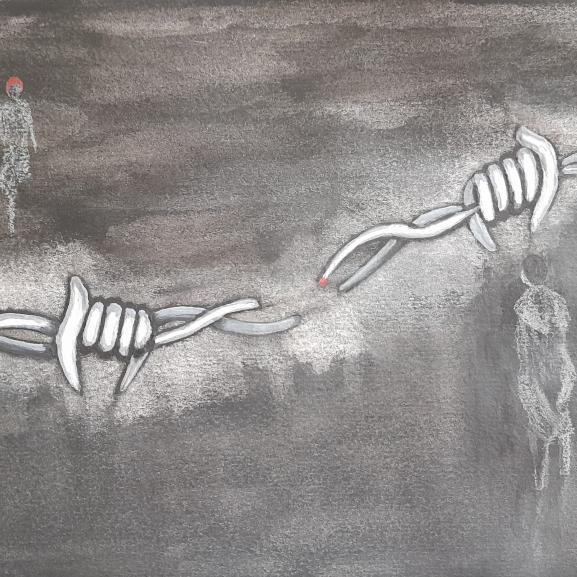 Painting of people standing either side of a barbed wire