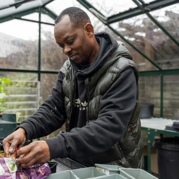 Man planting pots in greenhouse