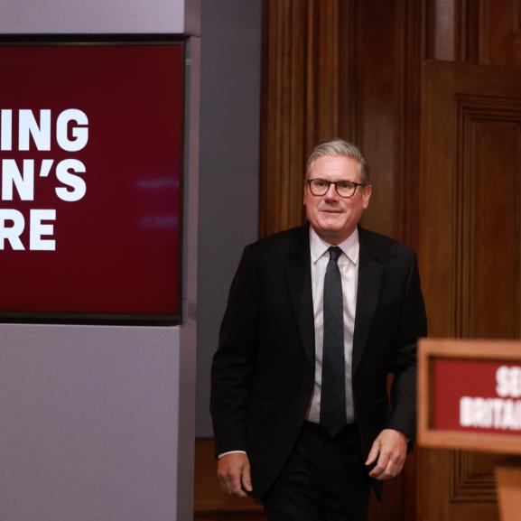Keir Starmer arrives for a press conference on the Immigration White Paper in the Downing Street Briefing Room