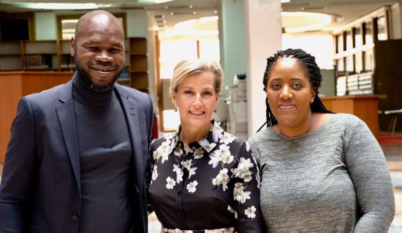 PSVI Survivor Champions Kolbassia Haoussou and Nadine Tunasi posing with Sophie, Countess of Wessex