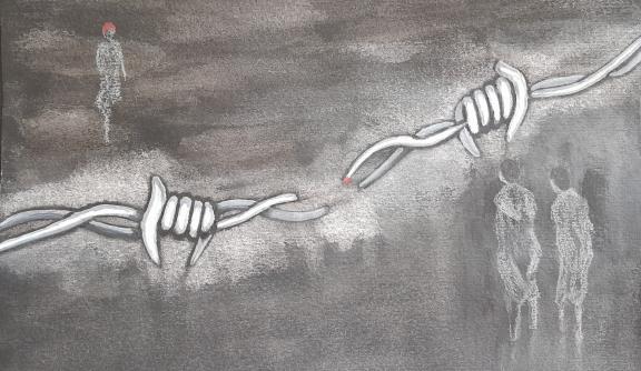 Painting of people standing either side of a barbed wire