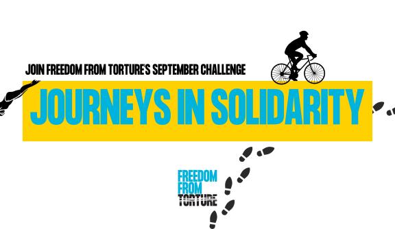 journeys in solidarity in blue with yellow background. Black cut outs of a cyclist, footsteps and a diver