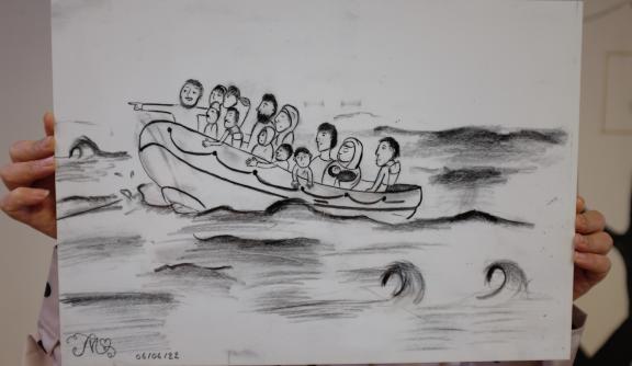 A drawing of a family on a boat